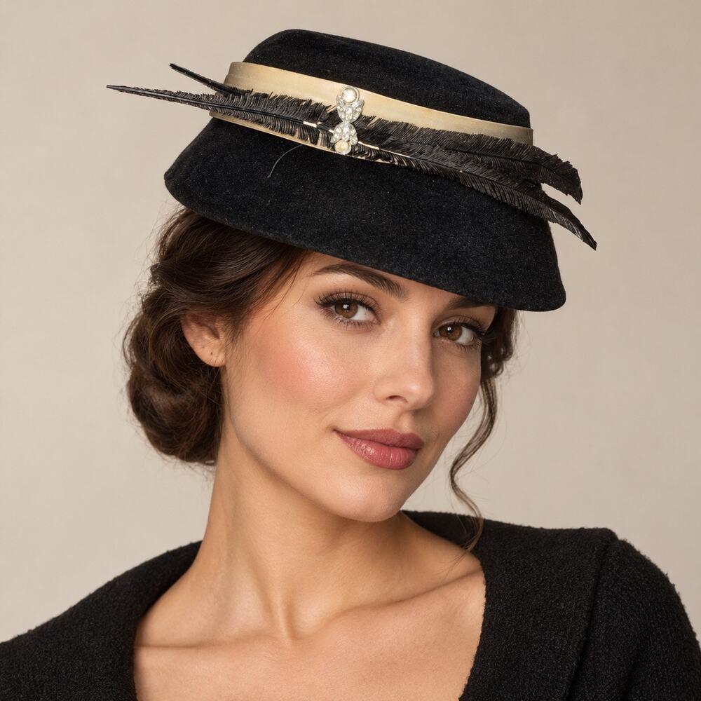 Vintage 1940s Henry Pollak Black Feather Rhinestone Tilt Hat